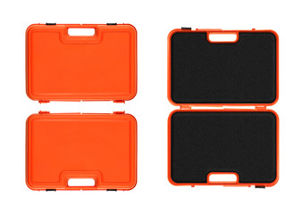 Frontside, backside and open view of a matte red orange plastic case with a black foam insert isolated on white background for individual design and graphic mockups. No perspective, no people.