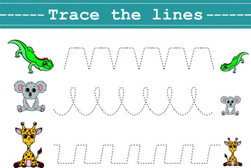 Trace line worksheet for kids with funny animals. Practicing fine motor skills. Educational game for preschool kids. Vector illustration.