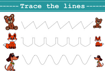 Trace line worksheet for kids with funny animals. Practicing fine motor skills. Educational game for preschool kids. Vector illustration.