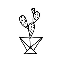 Doodle Cactus in a faceted pot. Scratchy hand-drawn succulent with poly flower pot. Black outline of a home plant isolated on a white background. Cute illustration with polygonal interior element