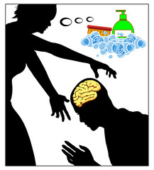 Woman is brainwashing man. Caricature of mind control in abusive relationship between two people.