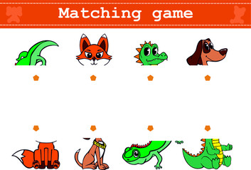 Educational matching  game for preschool children with funny animals. Vector illustration for children's magazines and preschool institutions