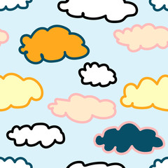 Colorful clouds seamless vector pattern. Cute Scandinavian doodle background for wallpaper, wrapping paper, textile, design for children. Pink, yellow, white hand-drawn clouds on blue a background