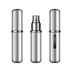 Perfume atomizer mock up. Vector realistic compact silver spray case for fragrance. Closed and open packaging