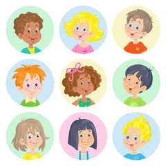 Avatar icons of happy children of different nationalities. In cartoon style. Isolated on white background. Vector flat illustration.