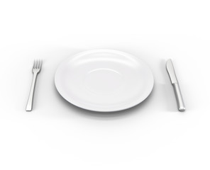 Empty dinner plate, fork and knife isolated on white. Hunger or diet concept. Nothing to eat. 3d render