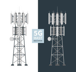 5G mast base stations set on white and dark background, flat vector illustration of mobile data towers, telecommunication antennas and signal, cellular equipment.