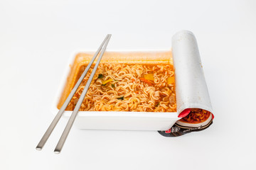 Cup noodles on white background