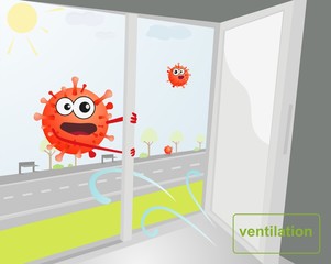 Coronavirus vector illustration on the street outside the window. Self-isolation of the house