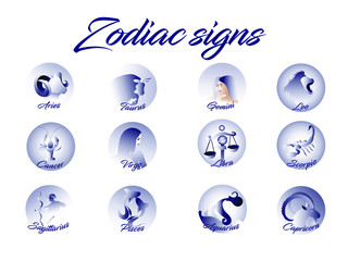 Zodiac signs flat set. Collection of horoscope logo vector illustration. Astrology icons: Leo, Virgo, Scorpio, Libra, Aquarius, Sagittarius, Pisces, Capricorn, Taurus, Aries, Gemini, Cancer. Isolated