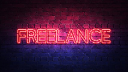 Plakat Glowing neon sign with the words freelance. purple and red glow and brick wall on the background 3d render