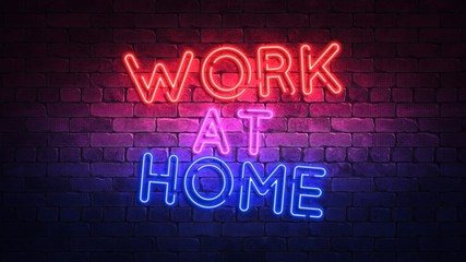 Fototapeta na wymiar Glowing neon sign with the words WORK AT HOME. purple and red glow and brick wall on the background 3d render