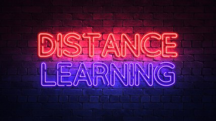Naklejka na ściany i meble Glowing neon sign with the words DISTANCE LEARNING. purple and red glow and brick wall on the background 3d render