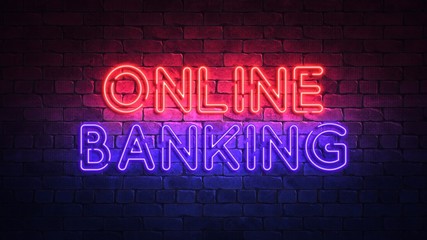 Glowing neon sign with the words ONLINE BANKING. purple and red glow and brick wall on the background 3d render