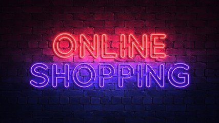 Glowing neon sign with the words ONLINE SHOPPING. purple and red glow and brick wall on the background 3d render