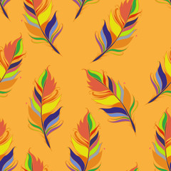 Bright feather print. Orange background. Summer Seamless pattern. Colorful Vector illustration