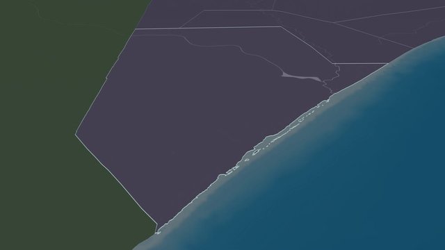 Jubbada Hoose, region with its capital, zoomed and extruded on the administrative map of Somalia in the conformal Stereographic projection. Animation 3D