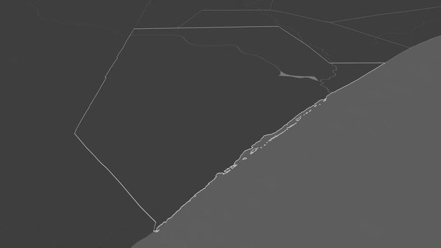 Jubbada Hoose, region with its capital, zoomed and extruded on the bilevel map of Somalia in the conformal Stereographic projection. Animation 3D