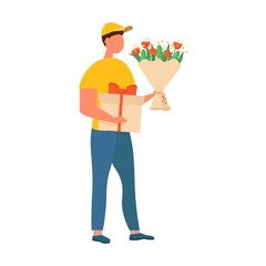Flower delivery courier with bouquet and present isolated on white background stock vector illustration. Delivery service, online, flower delivery concept digital clipart