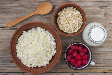 Cottage cheese in a clay bowl. healthy food, dairy products