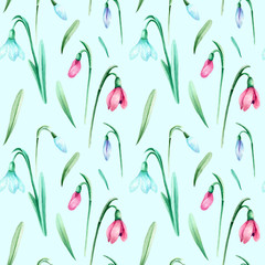 Delicate, spring pattern with flowers and sprouts.Seamless watercolor pattern with pink blue violet crocuses and leaves on light
green background. Good texture for textile and printed products design.