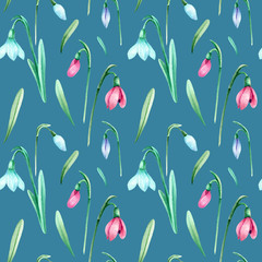 Delicate, spring pattern with flowers and sprouts. Seamless watercolor pattern with pink, blue, violet crocuses and leaves on 
green background. Good texture for textile and printed products design.