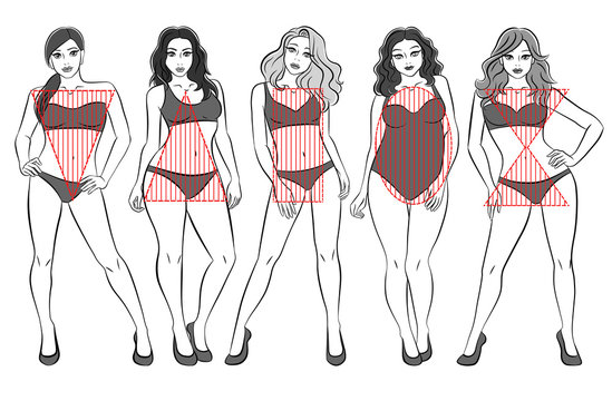 Types of female bodies. Five figures, black and white, the physique of girls. Forms: an inverted triangle, a pear, a rectangle, an apple, an hourglass.