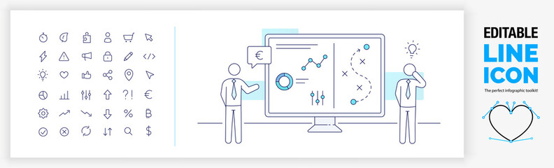 Editable line icon of two business stick figures working for a marketing agency giving a presentation about the SEO analytics data on a big computer screen with the data in a pie and bar chart in eps