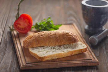 bread, submarine sandwich, panini, arugula salad bacon, fresh ciabatta, yellow cheese, sun dried