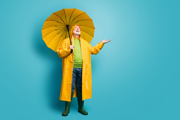 Full length body size view of his he nice dreamy cheerful cheery grey-haired man wearing yellow topcoat expecting sun sunny day isolated over bright vivid shine vibrant blue color background