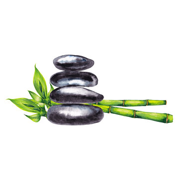 Zen spa pebbles and bamboo. Relax and meditation symbol. Smooth flat black stones with green stems and shoots. Watercolor hand painted isolated elements on white background.