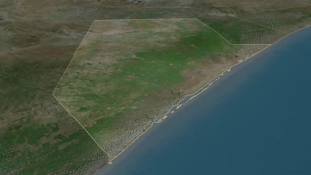 Jubbada Hoose, region with its capital, zoomed and extruded on the satellite map of Somalia in the conformal Stereographic projection. Animation 3D