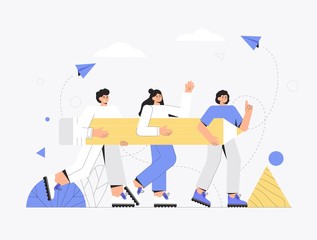 The concept of team work, business, partnership, cooperation. Team work in project, group of people, man and woman holding large pencil. Vector illustration in a modern flat style.