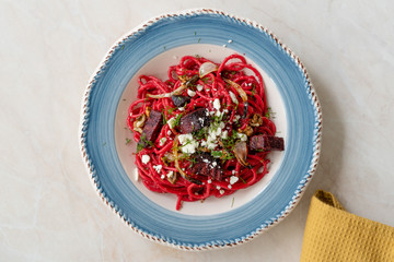 Beet Spaghetti Pasta with Beetroot Slices, Feta Cheese, Walnut and Dill.