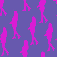 
Seamless pattern in fashion style. Purple print with a silhouette of a modern girl. Abstract background, fashion illustration. Vector illustration.