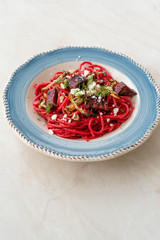 Beet Spaghetti Pasta with Beetroot Slices, Feta Cheese, Walnut and Dill.