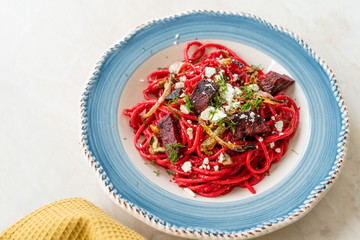 Beet Spaghetti Pasta with Beetroot Slices, Feta Cheese, Walnut and Dill.