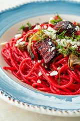 Beet Spaghetti Pasta with Beetroot Slices, Feta Cheese, Walnut and Dill.