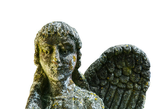 Close up of angel with one broken wingwings. Monochrome image of vesy ancient stone statue isolated on white background. Horizontal image.