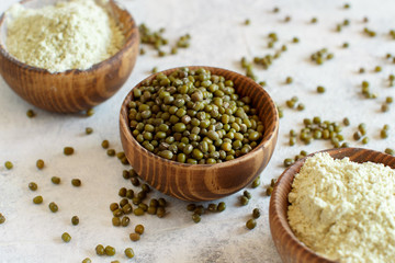 Mung beans flour and grain in bowls