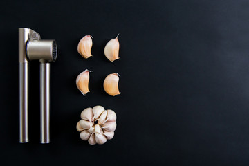 Garlic and garlic press lie on a dark background. Space for an inscription. Healthy eating concept.
