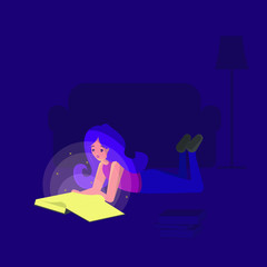 Girl reading book laying in the dark room. Girl reading book laying. Happy childhood design. Lifestyle education student. Home school kid.