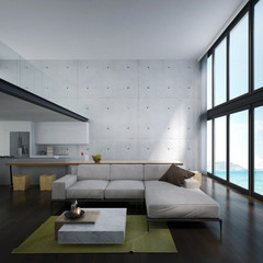 The lounge and double space living room and dining table and pantry interior design and concrete wall background 
