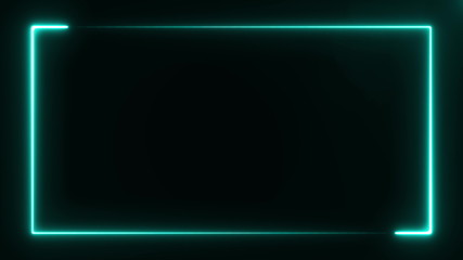 Two azure neon lighting lines on black background which constitute rectangle frame over the screen edge. Abstract computer generated backdrop 3D rendering 4k video.