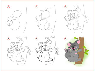Page shows how to learn to draw step by step cute toy koala with baby. Developing children skills for drawing and coloring. Printable worksheet for kids school exercise book. Flat vector illustration. © nataljacernecka