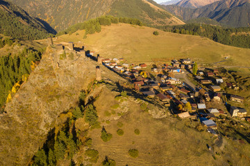 Aerial view of the village of Omalo and the surrounding mountains in the Tusheti region.