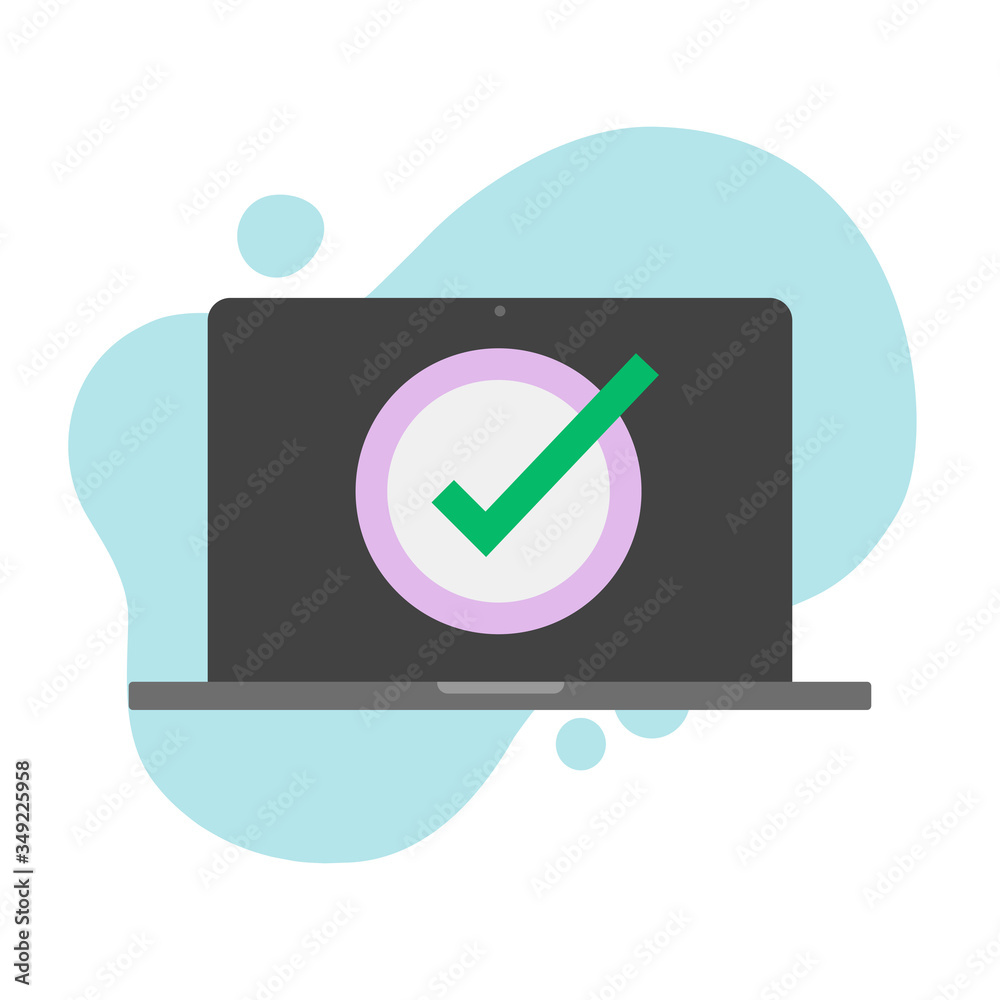 Poster check mark symbol on laptop computer screen or pc with approved task done vector flat cartoon, illus