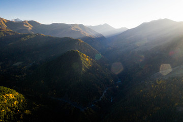 Aerial view of the village of Omalo and the surrounding mountains in the Tusheti region.