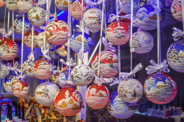 Christmas decorations on the market in Vienna.Golden balls, bulbs, bubbles,decorations and ornaments