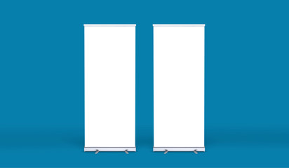 Empty rollup banners stand. Blank template mockups. Exhibition stand roll-up banners, screen for you design. Vertical white roll-ups for preview.